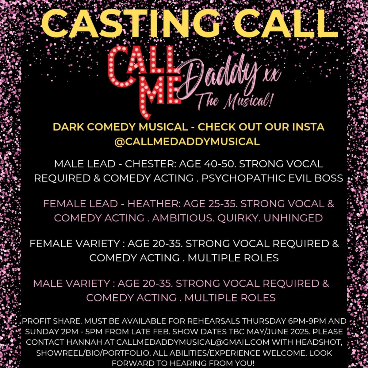 Callmedaddythe's tweet photo. We're back! Auditions kick off next week for dark comedy - Call Me Daddy The Musical! 😎 Must be Brighton based, profit share.

Contact Hannah Callmedaddymusical@gmail.com for further information or please send show reel /cv headshot. All abilities welcome #callmedaddythemusical https://t.co/1CSwBnT79F