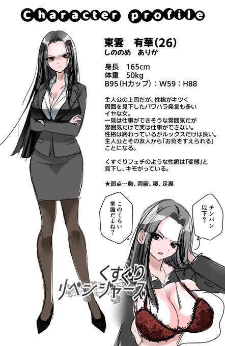 今回の新連載の主人公です～!「くすぐりリベンジャーズ」どうぞよろしくお願いします。
偉そうに命令だけして自分はミスを多発、男を見下していてすぐ感情的に怒鳴るタイプで、読者の方には「うわ～、ヤな女～」と思ってもらえれば幸いですww 