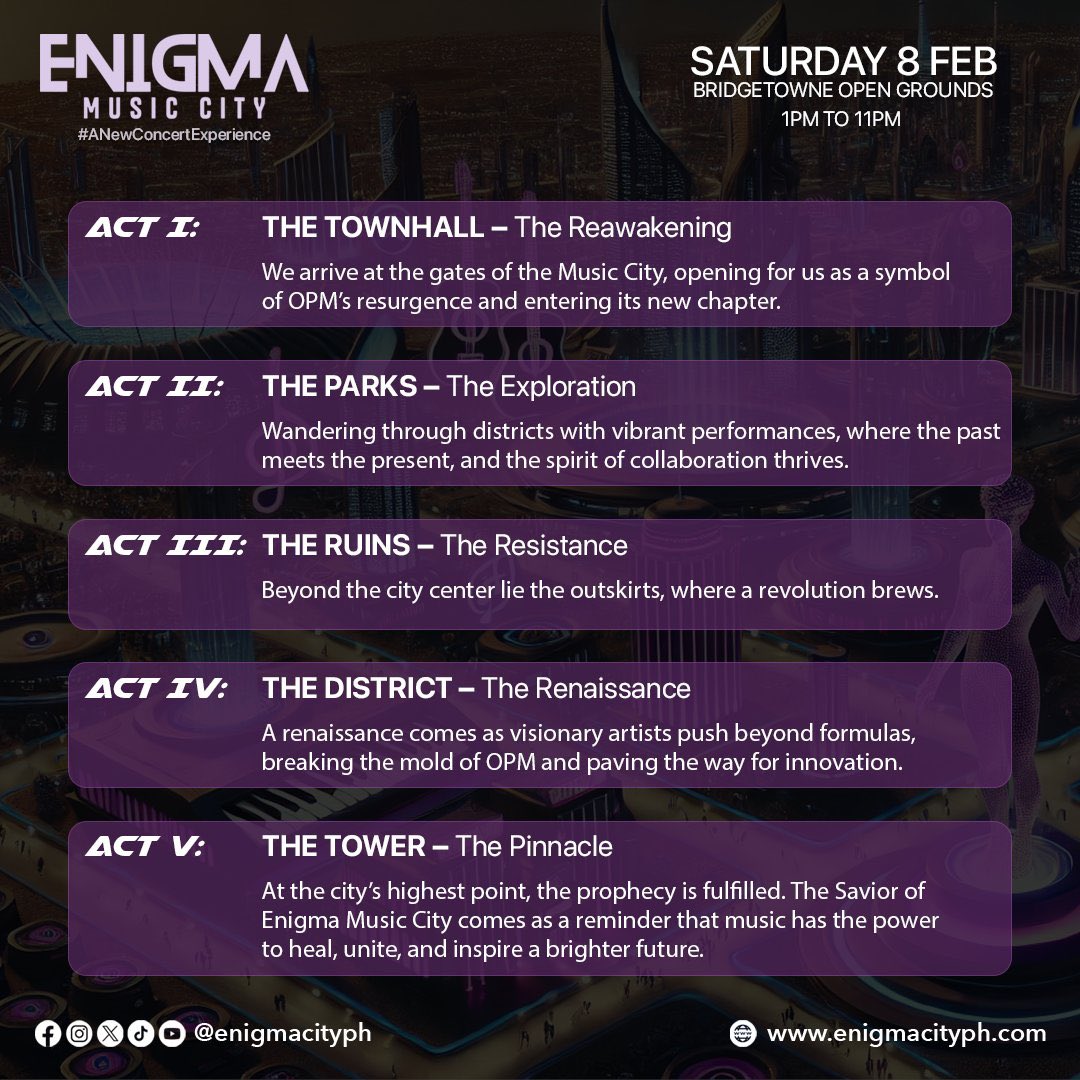Act V: THE TOWER - The Pinnacle
The savior of #EnigmaMusicCity comes as a reminder that music has the power to heal, unite, and inspire a brighter future.

THE HEADLINER - The Popstar Royalty SARAH GERONIMO 

#SARAHGxENIGMA
#SarahGeronimo 
#ANewConcertExperience 
<a href="/JustSarahG/">Sarah Geronimo</a>