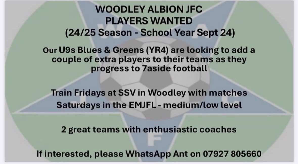 New Year - new team? ⚽️⚽️⚽️

Woodley Albion U9s are looking to recruit - get in touch if you would like to come along for a free session #teamwoodleyalbion⚽️💙💚⚽️ #U9s #7aside