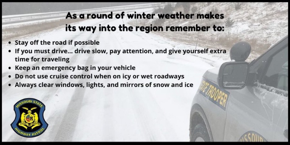MSHPTrooperB's tweet photo. Friendly reminder on winter weather travel.  First if you don't have to get out don't.  If travel is a must please take appropriate measures to ensure your safety and everyone else's that maybe on the roads. #MSHP #AvoidTravel #WinterWeather2025 https://t.co/ApJzAH9oBv