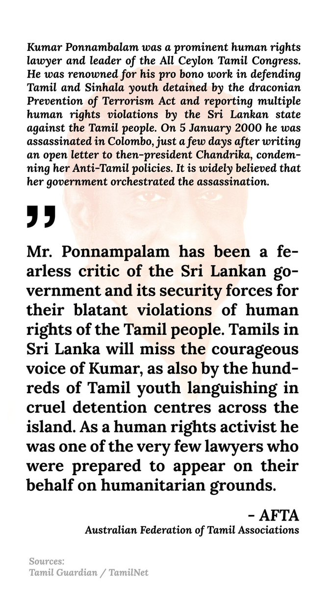 Thusi_Kumar's tweet image. Today marks 24 years since human rights lawyer and leading Tamil politician Kumar Ponnambalam was shot dead in the Sri Lankan capital, in broad daylight.

Ponnambalam, the former leader of the All Ceylon Tamil Congress (ACTC), was killed in Colombo by unidentified gunmen on…