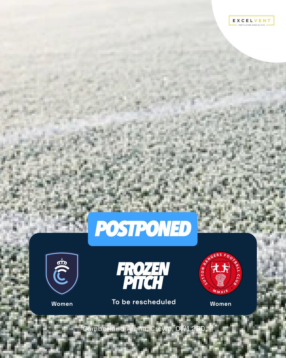 Crewe FC Women (@crewefcwomen) on Twitter photo 𝗚𝗮𝗺𝗲 𝗼𝗳𝗳…
Unfortunately, this afternoons <a href="/CheshireWYFL/">Cheshire Women's and Youth Football League</a> Challenge Cup game against <a href="/suttonrangers_/">Sutton Rangers</a> Women has been postponed due to a frozen pitch. 𝗚𝗮𝗺𝗲 𝗼𝗳𝗳…
Unfortunately, this afternoons <a href="/CheshireWYFL/">Cheshire Women's and Youth Football League</a> Challenge Cup game against <a href="/suttonrangers_/">Sutton Rangers</a> Women has been postponed due to a frozen pitch.