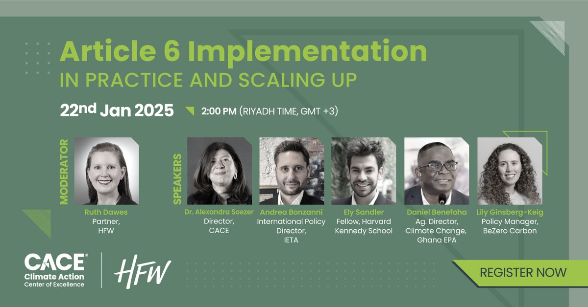 CACE, in partnership with HFW, is excited to host a thought-provoking webinar to explore the practical challenges and opportunities of Article 6 implementation and scaling up climate action.
🗓22 January 2025
🕑2:00 PM (Riyadh time, GMT+3)
🔗Register here: hfw.zoom.us/webinar/regist…