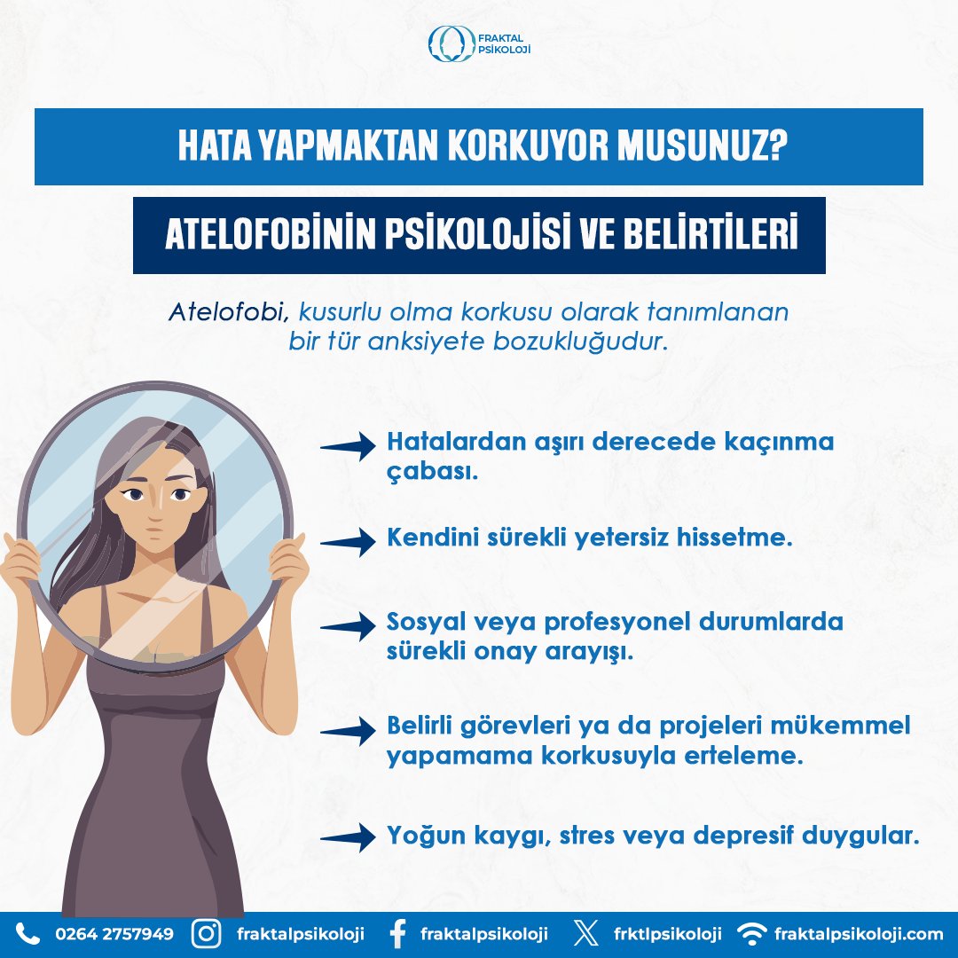 frktlpsikoloji's tweet photo. Hata Yapmaktan Korkuyor Musunuz? Atelofobinin Psikolojisi 🤔
Belirtileri 👇
#psikoloji #sakaryapsikoloji #sakaryapsikolog #fobiler #pdr #psikolojipaylaşımları #fraktalpsikoloji https://t.co/p1AwHZ5w8z