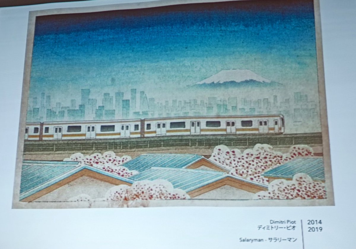 bananbe90's tweet image. 浮世絵をモチーフとした作品を多く作るDimitri Piot 氏の講演会に行ってきました！

やわらかな線と淡い鮮やかな色が特長で、現代の日本社会が浮き上がってくる。驚くのが、Dimitriさんは一度も日本に行ったことないんですよ…（本日現在）。だからこそピュアな日本が描かれているのかも。