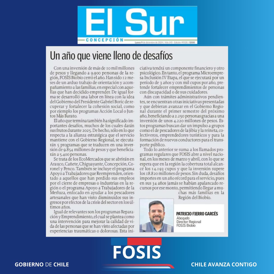 Un muy buen domingo ☕️🗞️⏰. 

El 2️⃣0️⃣2️⃣5️⃣ viene con nuevos y buenos desafíos para el <a href="/fosis_biobio/">FOSIS Biobío</a> donde seguiremos trabajando 💻💪🏻🔧 para concretar el derecho a surgir 🫀en personas, familias y comunidades de la región del Biobío. 

Agradezco a <a href="/elsurcl/">Diario El Sur</a> por el espacio ☀️