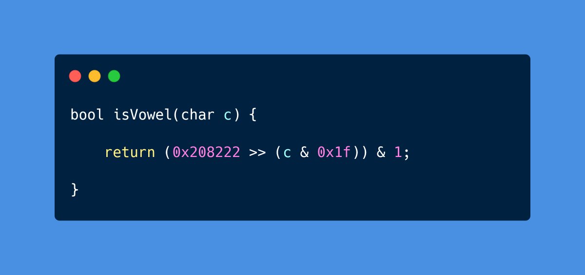 intelocode's tweet image. An interesting way to check if the given alphabet is vowel using bit manipulation.
Have a look if you understand how it works !