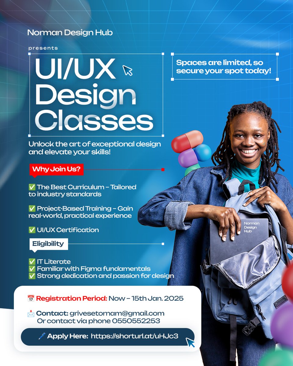 🎨 Norman Design Hub Presents: UI/UX Design Classes

Unlock the art of exceptional design and elevate your skills! 🚀... Spaces are limited, so secure your spot today!

#UIDesign #UXDesign #LearnDesign #NormanDesignHub #DesignClasses