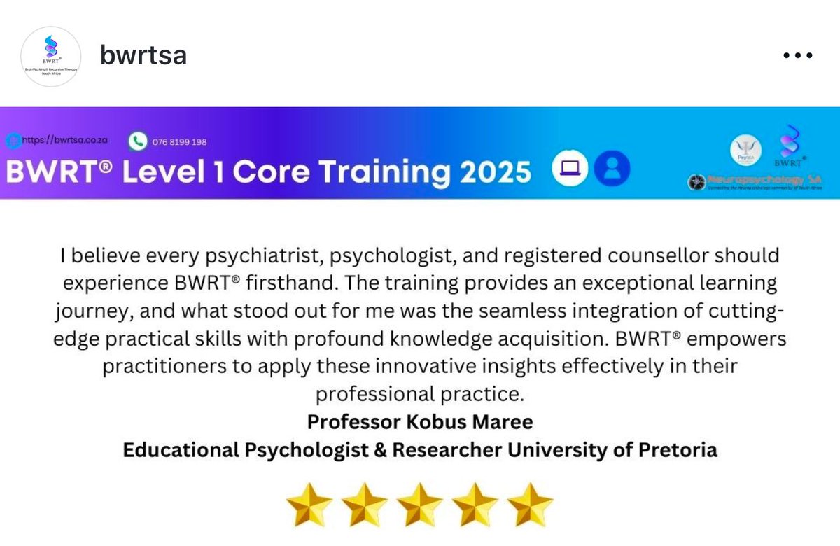 “I believe every psychiatrist, psychologist &amp; Reg Counsellor should experience #BWRT firsthand”
@psych <a href="/rcpsych/">Royal College of Psychiatrists</a> @counselling <a href="/WHO/">World Health Organization (WHO)</a> <a href="/CrownHousePub/">Crown House Publishing</a> 
Train with us in 2025 #worldwide 
bwrt.org 
#psychology #MentalHealth #research #therapistsconnect