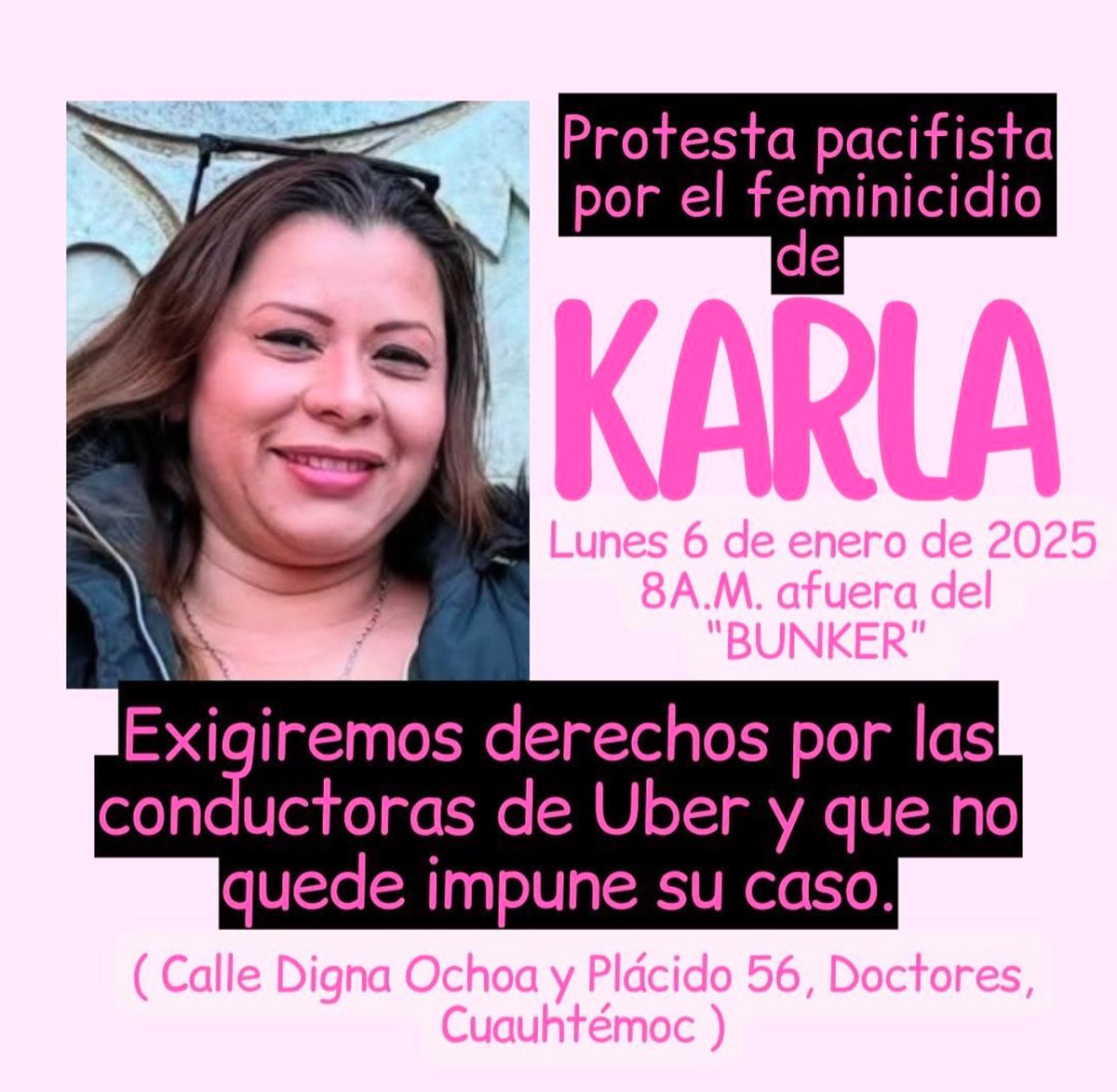La protesta pacífica que se realizará mañana es en honor a mi mami, gracias por compartir. 🩷💜 #JusticiaparaKarla