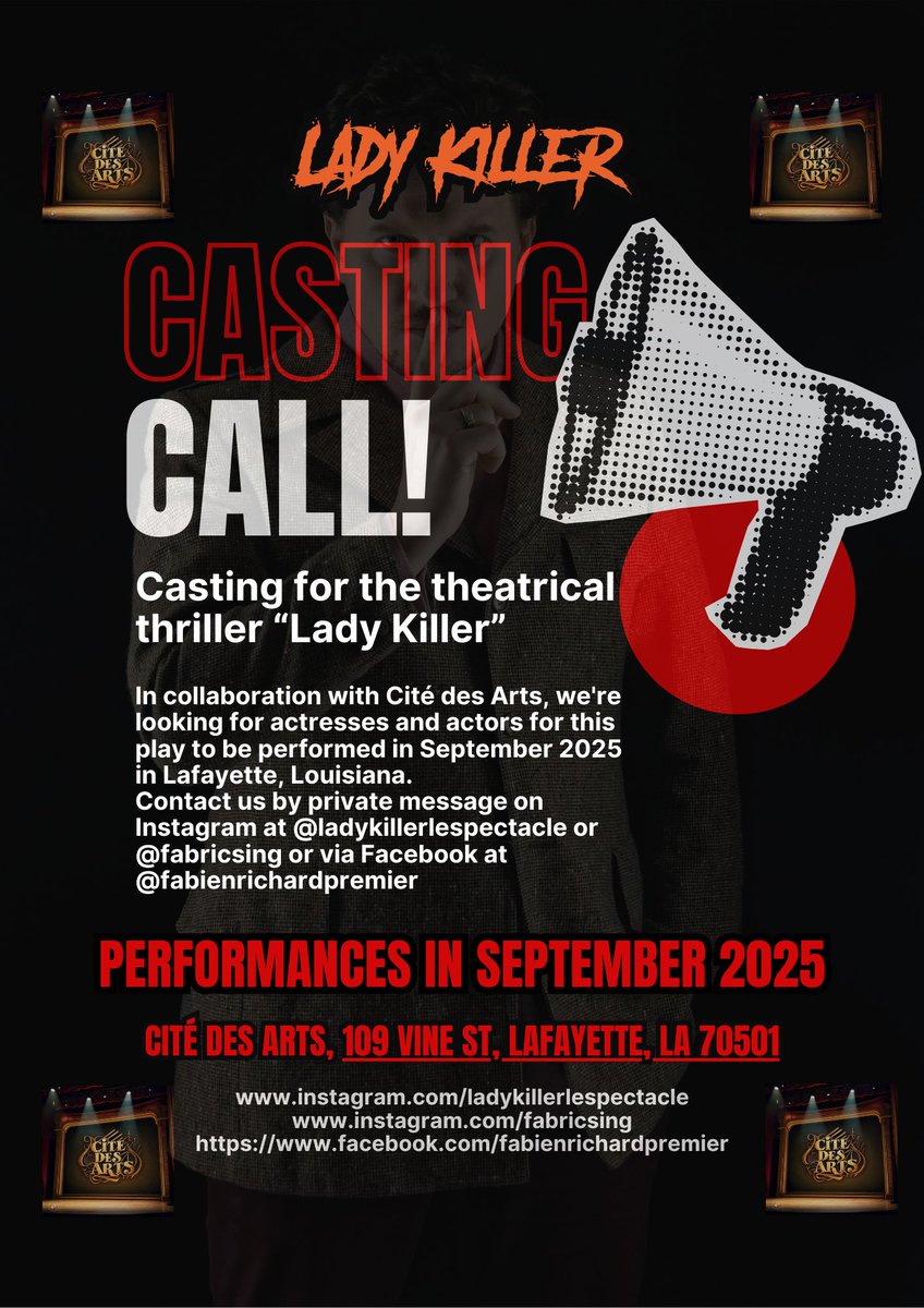 Join us on the adventure of history's first theatrical thriller, as serial killer Ted Bundy's first crime spree is brought to life on stage, explaining the evil from the inside. Join us for <a href="/LadyKillerShow/">LadyKillerTheShow</a>  at the <a href="/citedesart/">Cité des Arts</a> from September 2025. Why not join the cast ?

#casting
