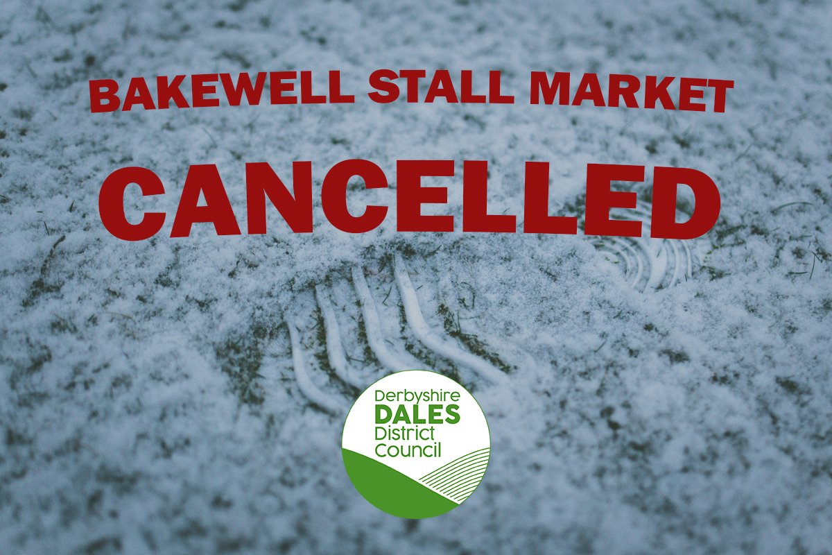 Continuing poor weather forecast into tomorrow has prompted us to cancel scheduled Monday #Bakewell Stall Market.

Conditions in Granby Road &amp; Market Place are predicted to be challenging and our key concern is the safety of set-up crews, traders and customers.

Apologies 🙏