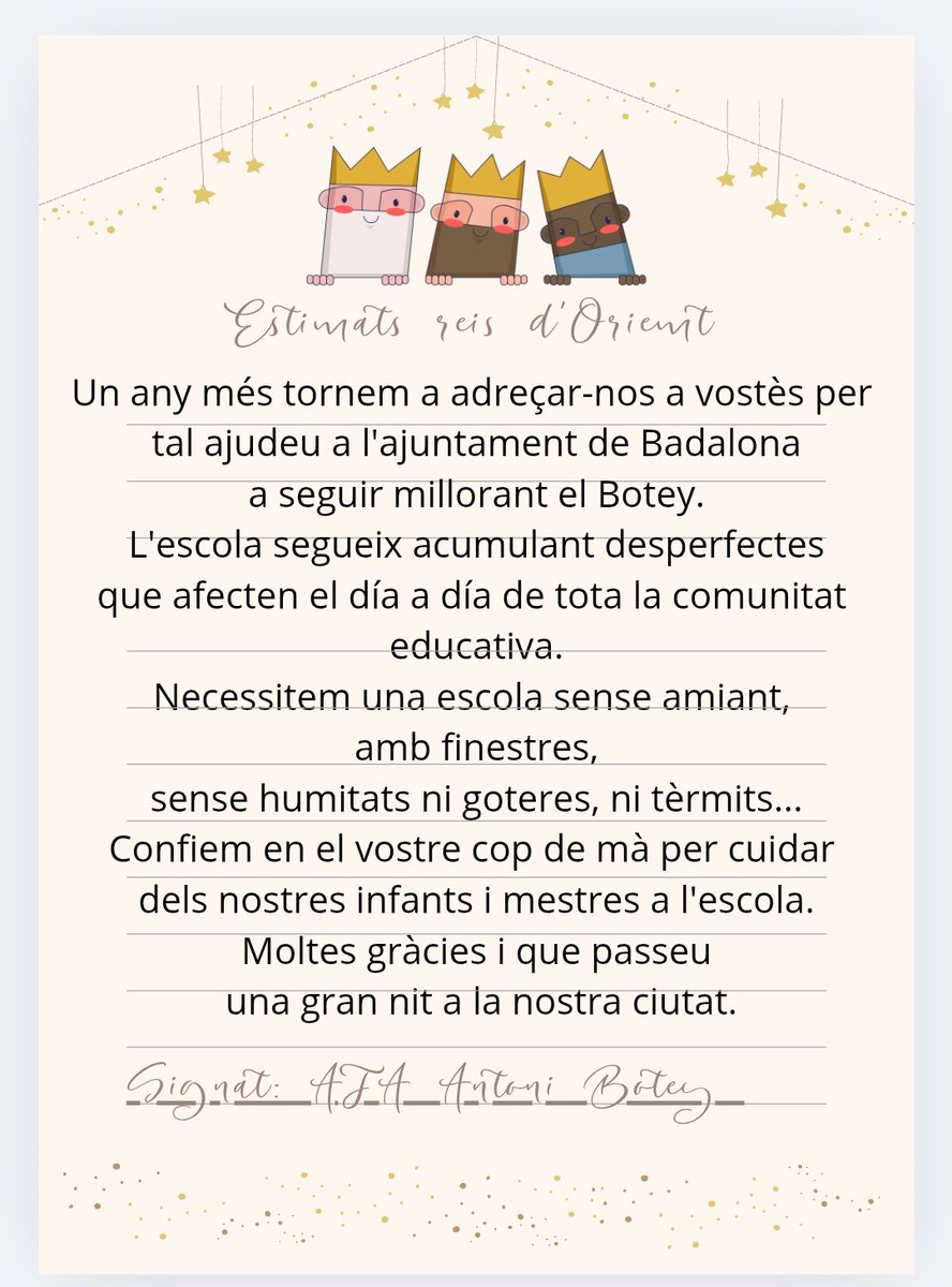 🎵🎶Els reis venen, venen de la muntanya i porten joguines per la canalla. Els reis passen, passen per l'ajuntament i donen molt suport per millorar el manteniment. 
Visca els 3 reis 👑👑👑
<a href="/Albiol_XG/">Xavier García Albiol</a> 
<a href="/AjBadalona/">Ajuntament de Badalona</a> 
<a href="/FaBABadalona/">La FABA</a> 
<a href="/avstantoni/">AV Sant Antoni Llefià</a> 
<a href="/educaciocat/">Educació</a>