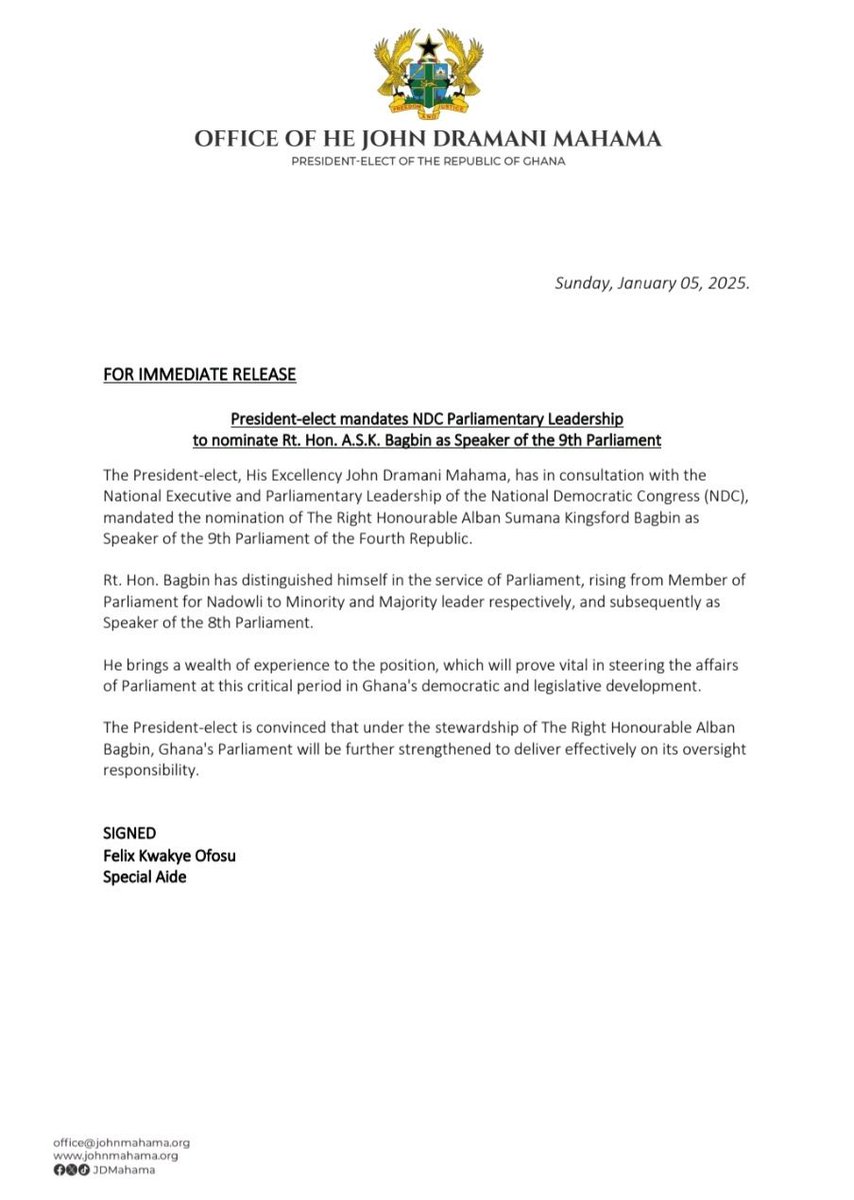 A. Kwabena Brako-Powers (@realbrakopowers) on Twitter photo Ghana’s President-Elect <a href="/JDMahama/">John Dramani Mahama</a> renominates <a href="/askbagbin/">Rt. Hon. Alban S.K. Bagbin</a> to head the 9th Parliament. Congrats sir!!
Baba Sadiq | Rebecca | Palmer | Ebi Bright | Sam George | President Akufo-Addo | First Lady | John Mahama | Cubana | The EC Ghana’s President-Elect <a href="/JDMahama/">John Dramani Mahama</a> renominates <a href="/askbagbin/">Rt. Hon. Alban S.K. Bagbin</a> to head the 9th Parliament. Congrats sir!!
Baba Sadiq | Rebecca | Palmer | Ebi Bright | Sam George | President Akufo-Addo | First Lady | John Mahama | Cubana | The EC