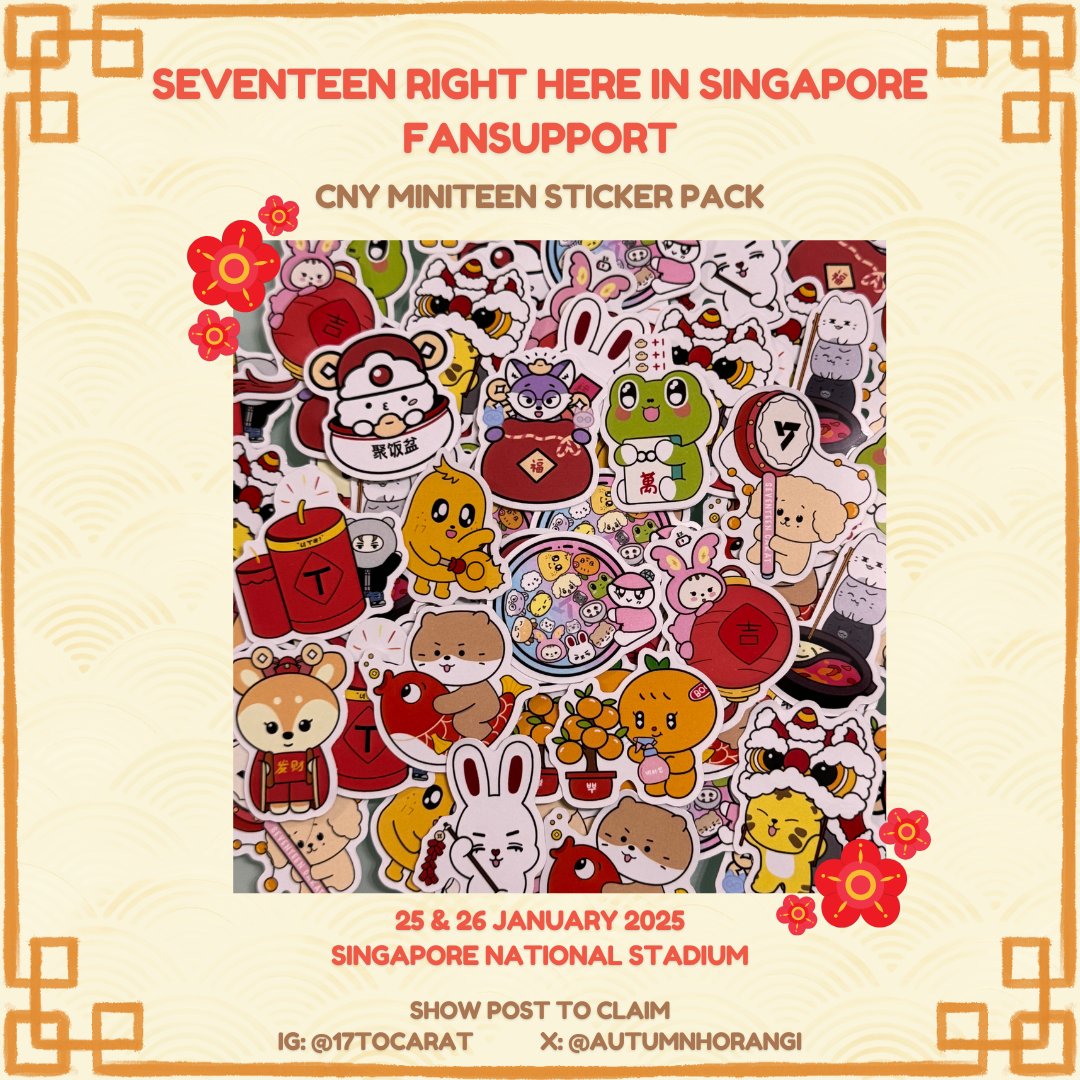 autumnhorangi's tweet photo. -`svt right here in singapore fansupport ´-

🧧 50 packs per day; dm for trades (limited)
📍exact place &amp; time will be updated on ig &amp; x

let's huat huat huat huat with svt in 2025 🔥
_
#SVTinSG #SEVENTEEN_RIGHT_HERE_IN_SINGAPORE 
#SVT_RIGHT_HERE_IN_SINGAPORE https://t.co/zpLaf2j8ao