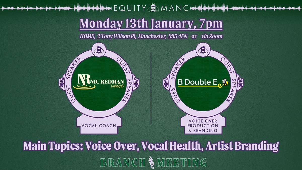 Equity Manchester (@equitymanc) on Twitter photo It's nearly our first Branch Meeting of the year!
Join us on Monday 13th to learn about the world of Voice Over!
We've got some cracking guests to talk to you from <a href="/NicRedmanVoice/">Nic Redman</a> and <a href="/B_2_Es/">B Double E (Helen Bee & Rob Bee)</a>.
Branch Members will receive their Agenda email invite tomorrow. 📨 It's nearly our first Branch Meeting of the year!
Join us on Monday 13th to learn about the world of Voice Over!
We've got some cracking guests to talk to you from <a href="/NicRedmanVoice/">Nic Redman</a> and <a href="/B_2_Es/">B Double E (Helen Bee & Rob Bee)</a>.
Branch Members will receive their Agenda email invite tomorrow. 📨