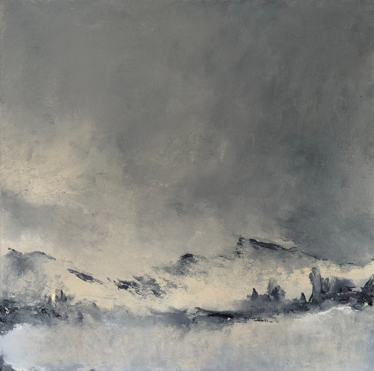 Work in progress: cloudy mountain scene. Oil on canvas board, 40 x 40cm. May be finished 🤔