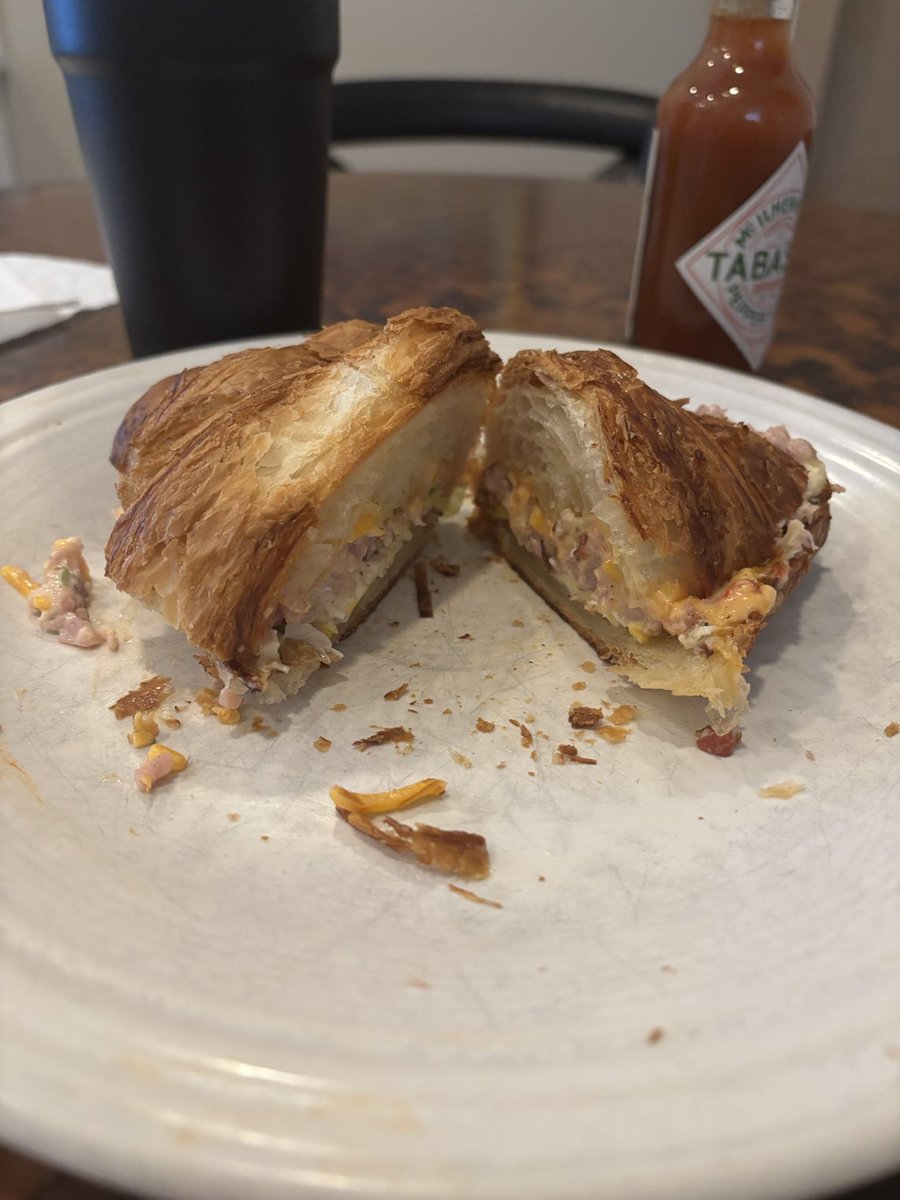 Had my eye on some leftover ham salad in the fridge. Paired it with egg, pimento cheese and a ⁦<a href="/BreadFurst/">Bread Furst</a>⁩ croissant for a hearty #breakfastsando