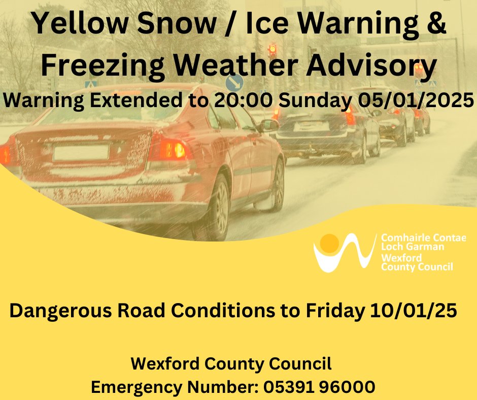 wexfordcoco's tweet photo. Met Éireann has extended the Snow/Ice Warning for County Wexford to 20:00 this evening. However, bitterly cold conditions will remain in place until Friday. We have had lots of rain in the past 24 hours and this will freeze tonight.  There will be very little or no thawing during the day for the next few days, with very low night time temperatures, creating hazardous conditions for road users and pedestrians. Use extreme caution when travelling on all roads, at all times this week. For specific tips on road safety during cold weather see https://t.co/uBchtRUJxU @SouthEastRadio @Wexford_People @byrne_padraig @Simon_Bourke28