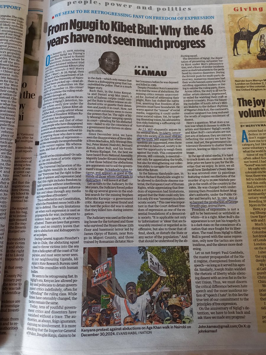 In John Kamau's article, he talks about the government's history of abducting people who criticize it through art, from Ngugi wa Thiong'o in 1978, to Kibet Bull in 2024.