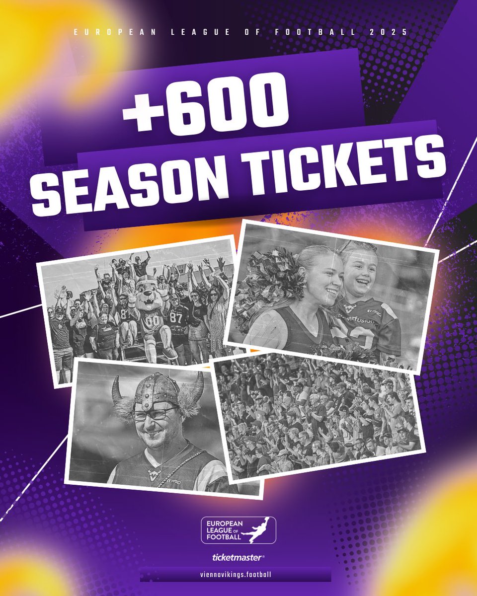🎟️💜 +600 season tickets gone &amp; counting…
Erlebe jede Sekunde live und verpasse auch DU kein #ViennaVikings Highlight 2025! Sichere dir jetzt deine Saisonkarte zum Spitzenpreis! 

👉🏽 shops.ticketmasterpartners.com/vienna-vikings 

#PurpleReign #ELF2025
📸 <a href="/HJirgal/">hannes jirgal</a> , <a href="/Los_Sperlos/">Raphael</a> , <a href="/kingofkick2/">Peter Kramberger</a>