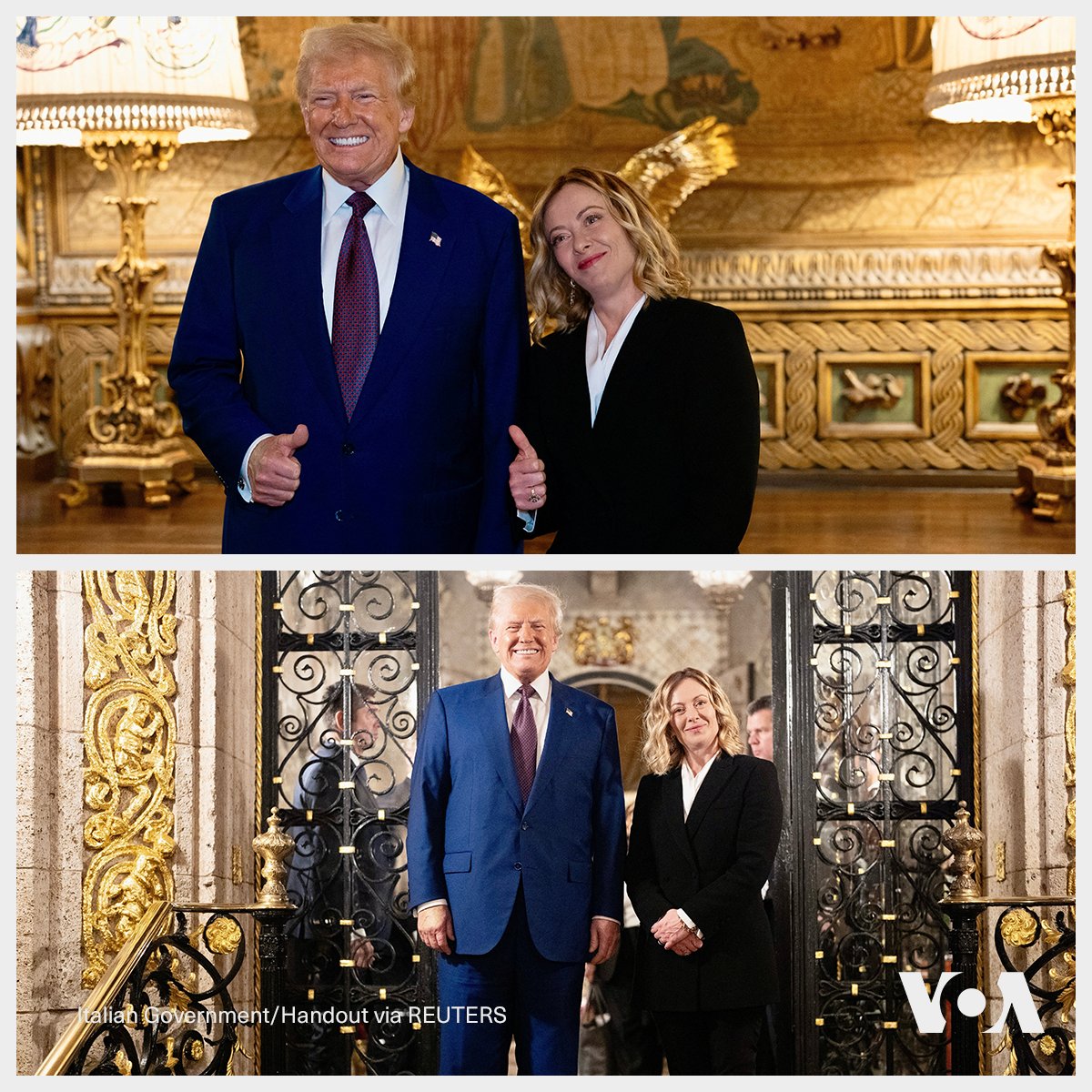 VOANews's tweet image. 📷: U.S. President-elect Donald Trump meets with Italian Prime Minister Giorgia Meloni at Mar-a-Lago in Palm Beach, Florida, Jan. 4, 2025.

voanews.com/a/italian-prim…