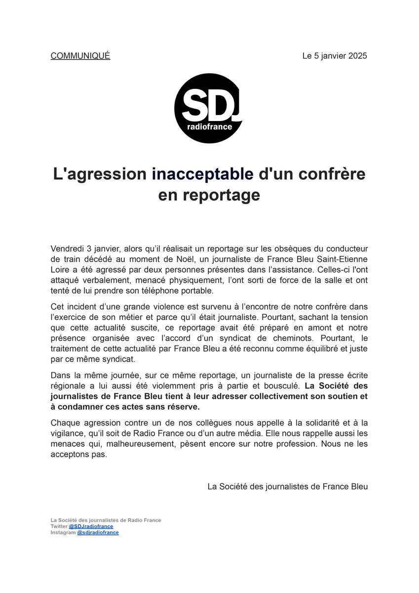La SDJ de France Bleu dénonce l'agression inacceptable d'un de nos confrères en reportage.