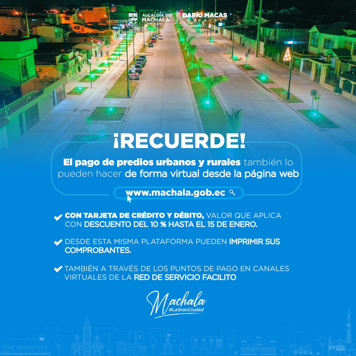 Pagar tus predios urbanos nunca fue tan fácil. Puedes hacerlo en puntos autorizados, con tarjeta de crédito o desde la comodidad de tu hogar a través de nuestra página web. ¡Elige el canal que más te convenga!

Cc. <a href="/MachalaAlcaldia/">Machala Alcaldía</a>