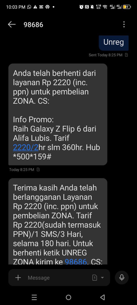 aansubarkah's tweet photo. @Telkomsel Dalam kasus saya, B tidak meminta konfirmasi.

Langsung memberitahukan bahwa saya telah terdaftar.

Padahal 1jam sebelumnya baru saya UNREG https://t.co/8fta3E6Lj5