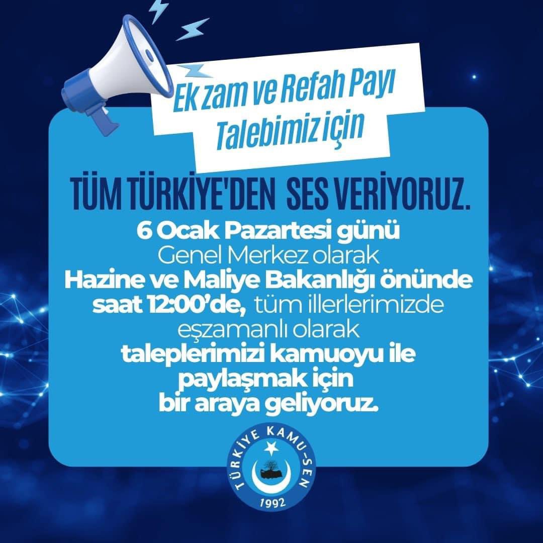 sdolgun01's tweet photo. Ek zam ve Refah Payı Talebimiz için tüm Türkiye'den ses veriyoruz. 

6 Ocak pazartesi günü Genel Merkez olarak Hazine ve Maliye Bakanlığı önünde saat 12:00’de,  tüm illerlerimizde eşzamanlı olarak taleplerimizi kamuoyu ile paylaşmak için bir araya geliyoruz. https://t.co/vDF1CXs1Nd