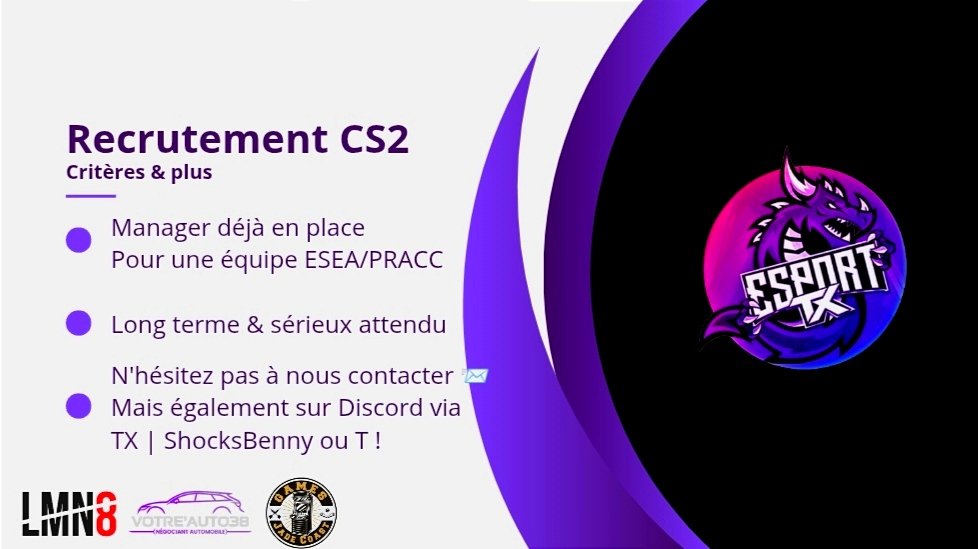 ⚫🟣Recrutement TX-Esport CS2⚫🟣

Manager déjà en place
Pour une équipe ESEA/Pracc.

Recherche personnelle :

LVL : 10 Faceit 
Dispo 21h à 00h00
4/7 soir par semaine

Compétences/rôles :

Une saison ESA acquis.
IGL
AWPER
RIFLE POLY
Pour participer à l'OPEN 10
#TXWin #TXEsport