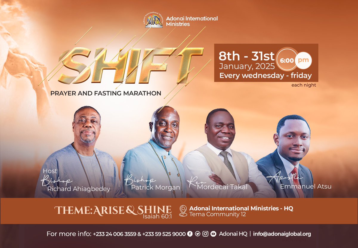 adonai_hq's tweet image. Start the year right! Join us this January for the SHIFT Prayer and Fasting Marathon—a time to seek God and align with His purpose for 2025. Don’t miss this! 

#SHIFT #PrayerAndFasting #2025