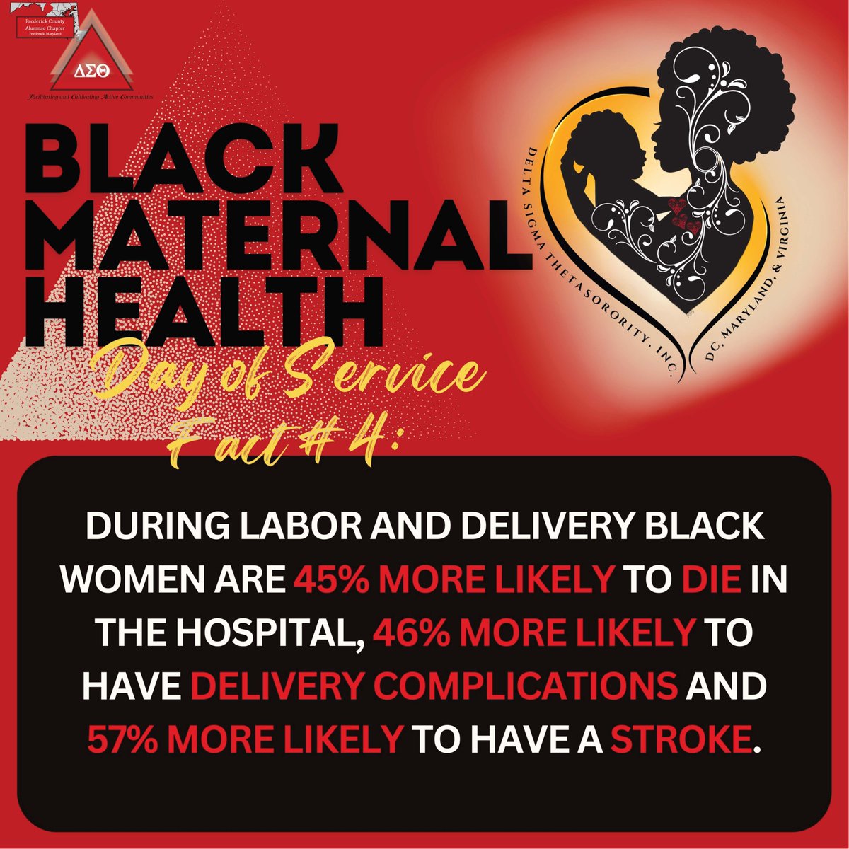 These statistics reveal major disparities in Black maternal health outcomes requiring urgent action to improve care during pregnancy and childbirth.
#DMVDST2025 #DSTFoundersDay2025 #DMVWeekofImpact2025
#BlackMaternalHealth #FCACMDDST