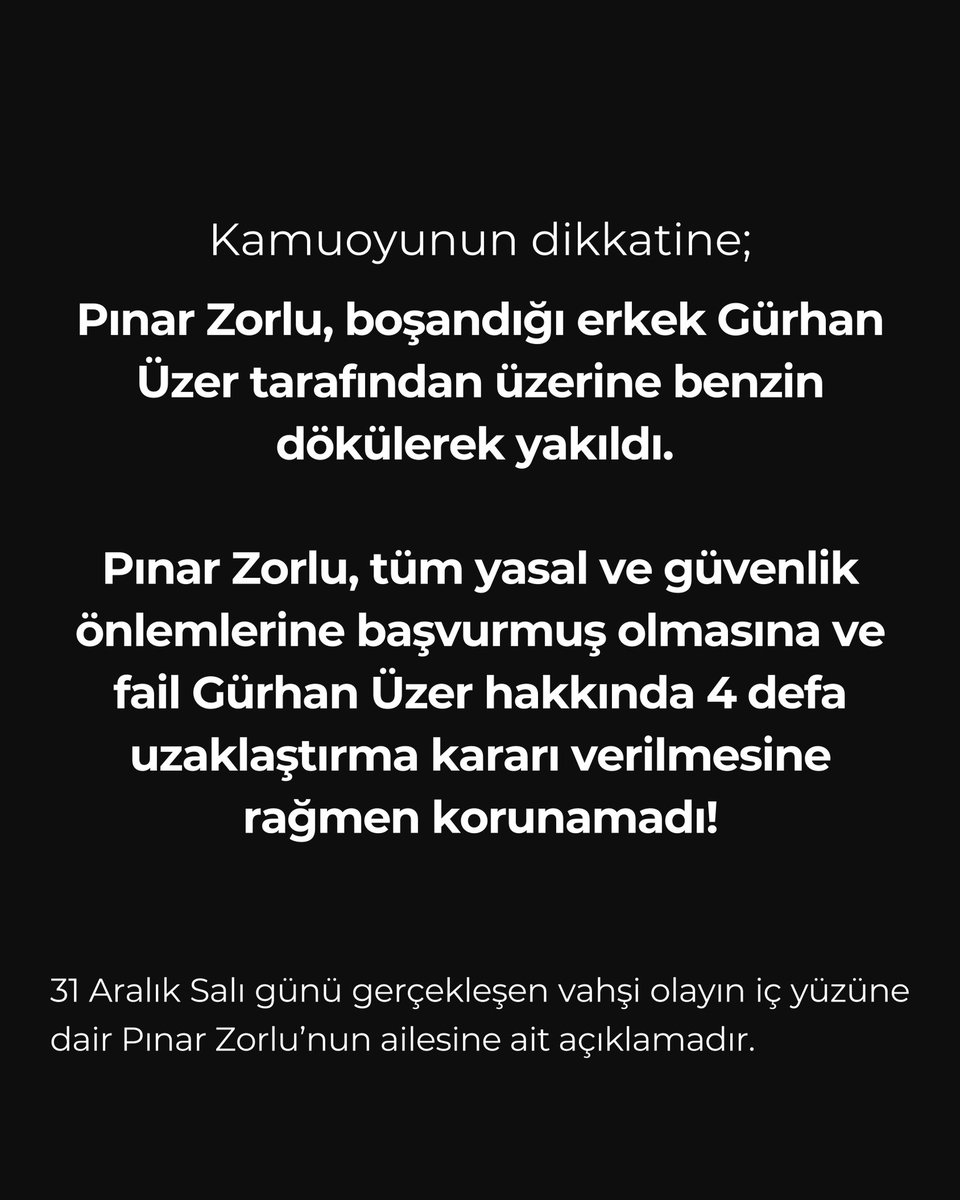 havvazzorlu's tweet photo. Kamuoyunun dikkatine;
Pınar Zorlu, boşandığı erkek Gürhan Üzer tarafından üzerine benzin dökülerek yakıldı.

Pınar Zorlu, tüm yasal ve güvenlik önlemlerine başvurmuş olmasına ve fail Gürhan Üzer hakkında 4 defa uzaklaştırma kararı verilmesine rağmen korunamadı! https://t.co/VR1oCgRdg4