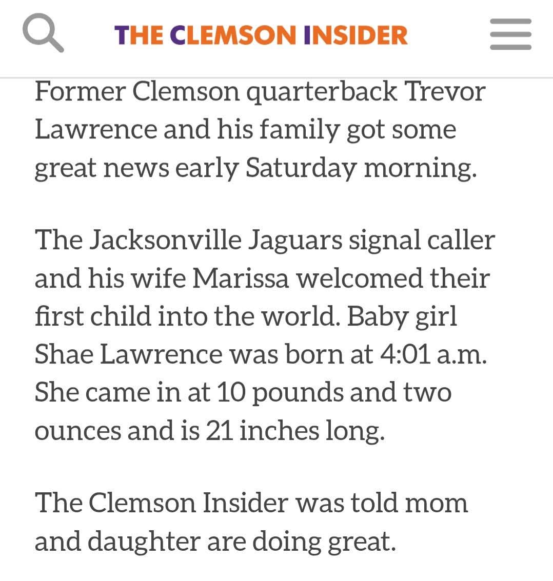 🚨 It seems #Jaguars QB Trevor Lawrence is officially a girl-dad, #Duuuval 🚨

Congratulations Marissa and Trevor! 👶

theclemsoninsider.com/2025/01/04/awe…
