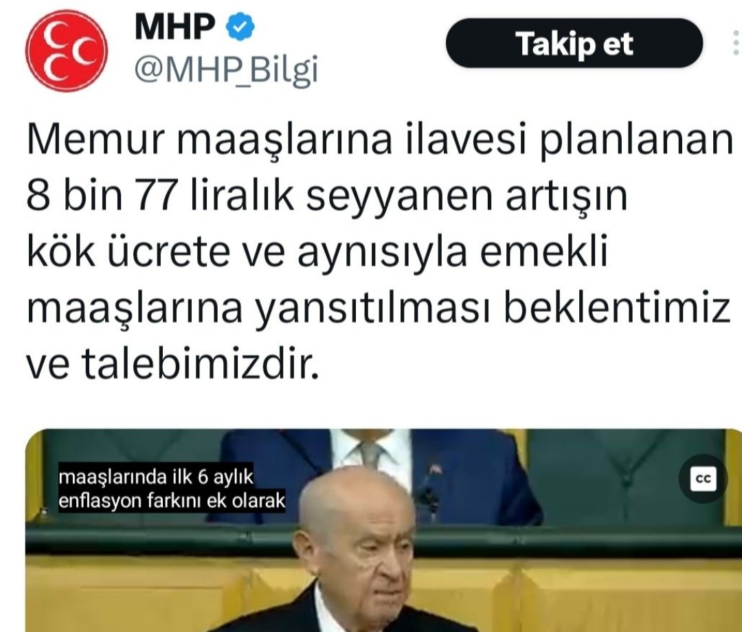 Sizden;
"Doğru,söz verdik,zaten yasal olarak hakkınızdı ama çalışana verdiğimiz seyyanen zammı #EmekliMemur'a veremedik. Üstelik ortağımız <a href="/MHP_Bilgi/">MHP</a>'nin de talebi ve beklentisi idi.Özür dileriz, mahçup olduk.Gecikmeli de olsa düzeltiyoruz."demenizi bekliyoruz.<a href="/RTErdogan/">Recep Tayyip Erdoğan</a>
<a href="/Akparti/">AK Parti</a>