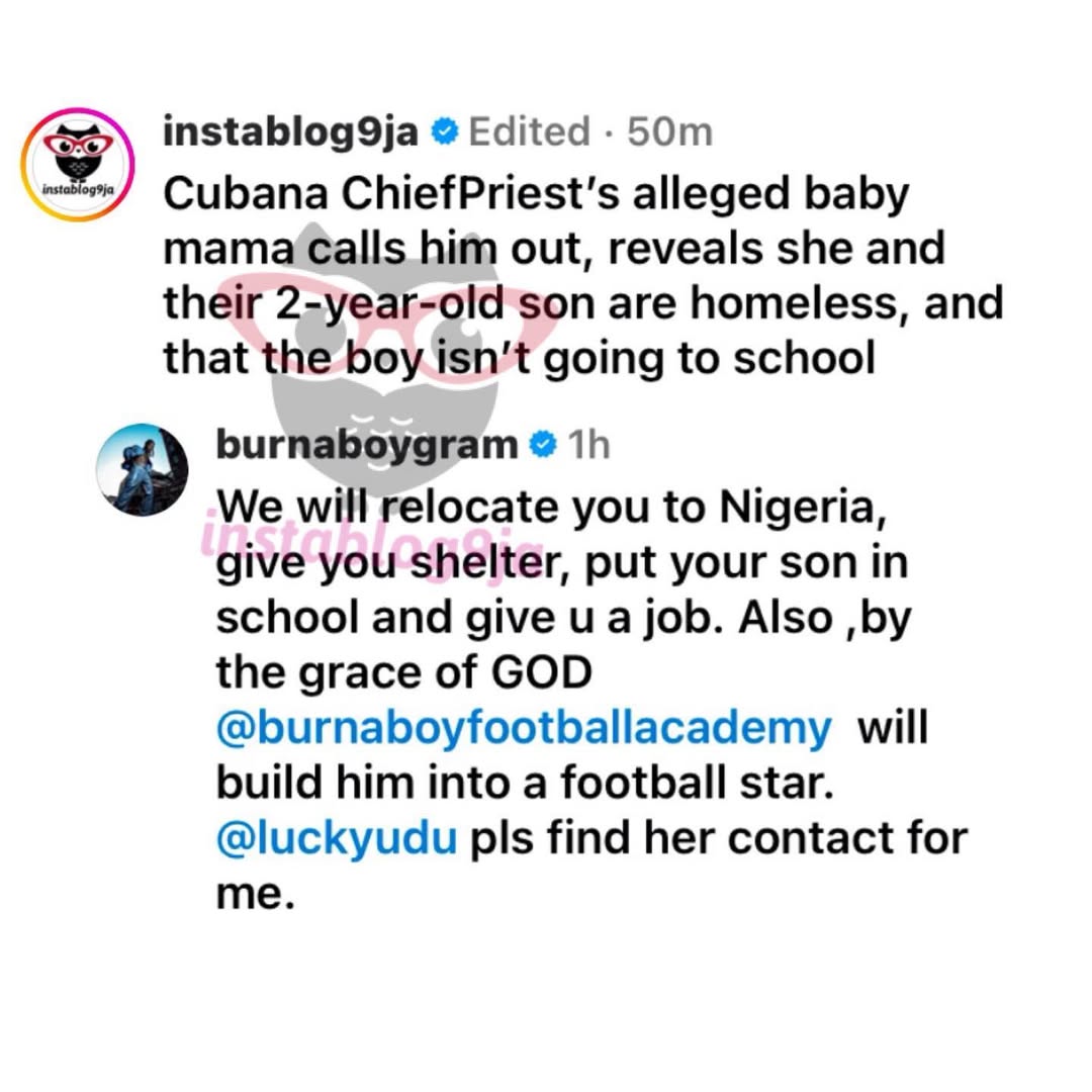 instablog9ja's tweet image. Cubana Chiefpriest Babymama Drama: Burna Boy offers to relocate Hellen and son to Nigeria with other exciting offers