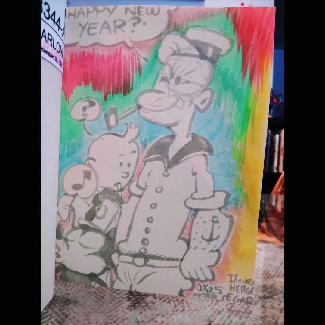 JeauxJ's tweet photo. First drawing of 2025! I also got a new phone, which I am trying to figure my way around. Happy perfect square New Year! 🎉🥳 #SketchBook #SketchBookArt #PublicDomain #Popeye #TinTin #MickeyMouse #SteamBoatWillie #Disney #Herge #ECSegar https://t.co/6NGS8luVOo