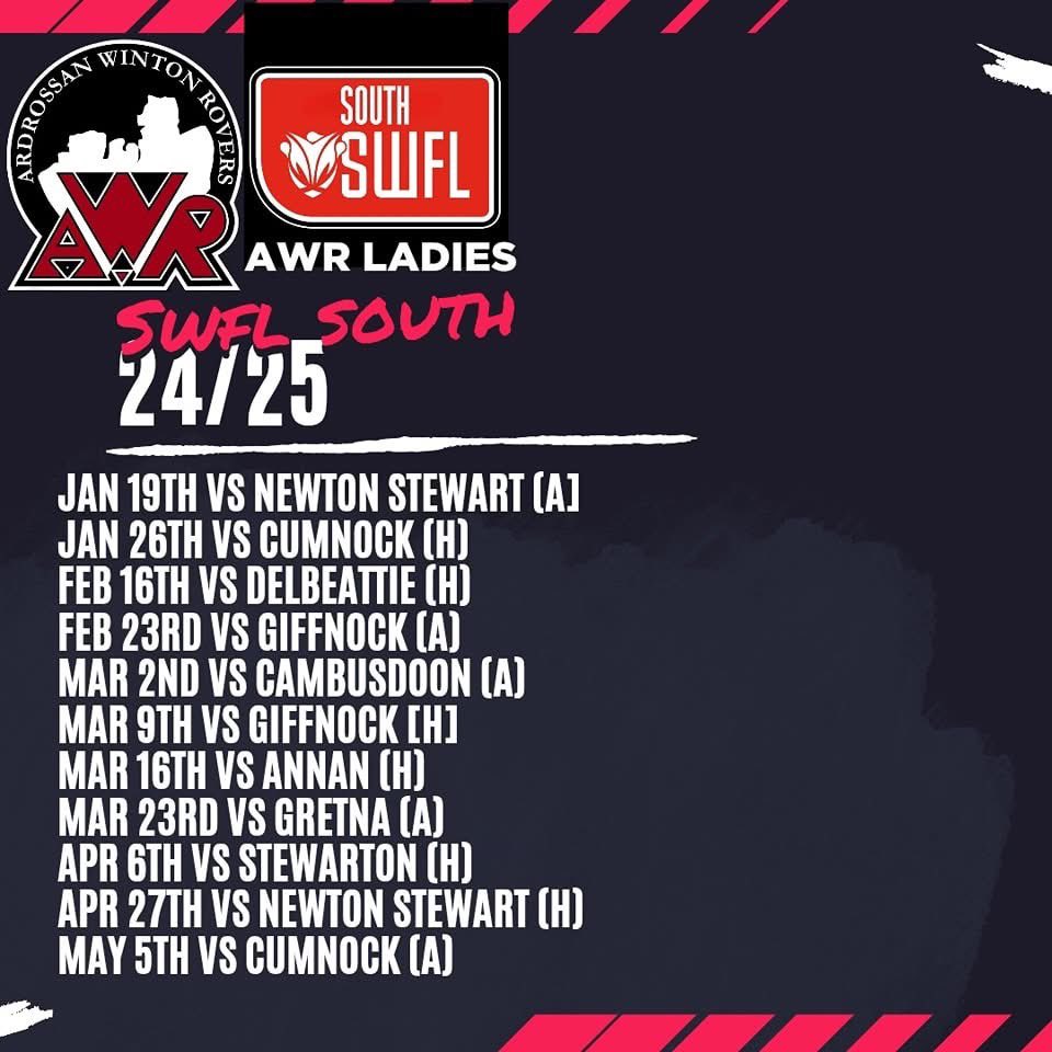 We hope everyone had a great festive period as the team returns to training this Tuesday. 

The remaining fixtures in the swfl South league see the team on the road first, with a trip to Newton Stewart on the 19th of January. Finishing the season away to Cumnock on 5th May ⚫️⚪️🔴