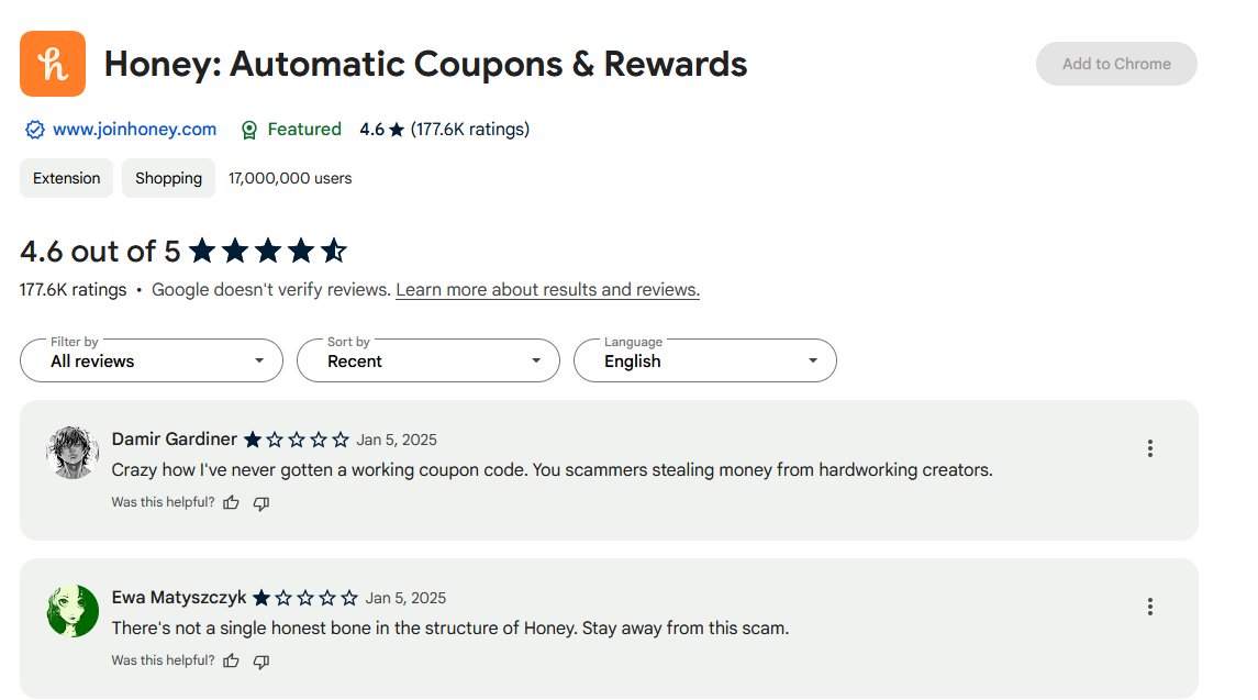 anthonyvdg's tweet photo. I wonder if the Honey extension gets a new review on app and browser extension stores.

But maybe we should just say that the referral modal should be changes because of massively abused holes in the current system (by allowing overwrites of referral references)... https://t.co/mADfvURlWM