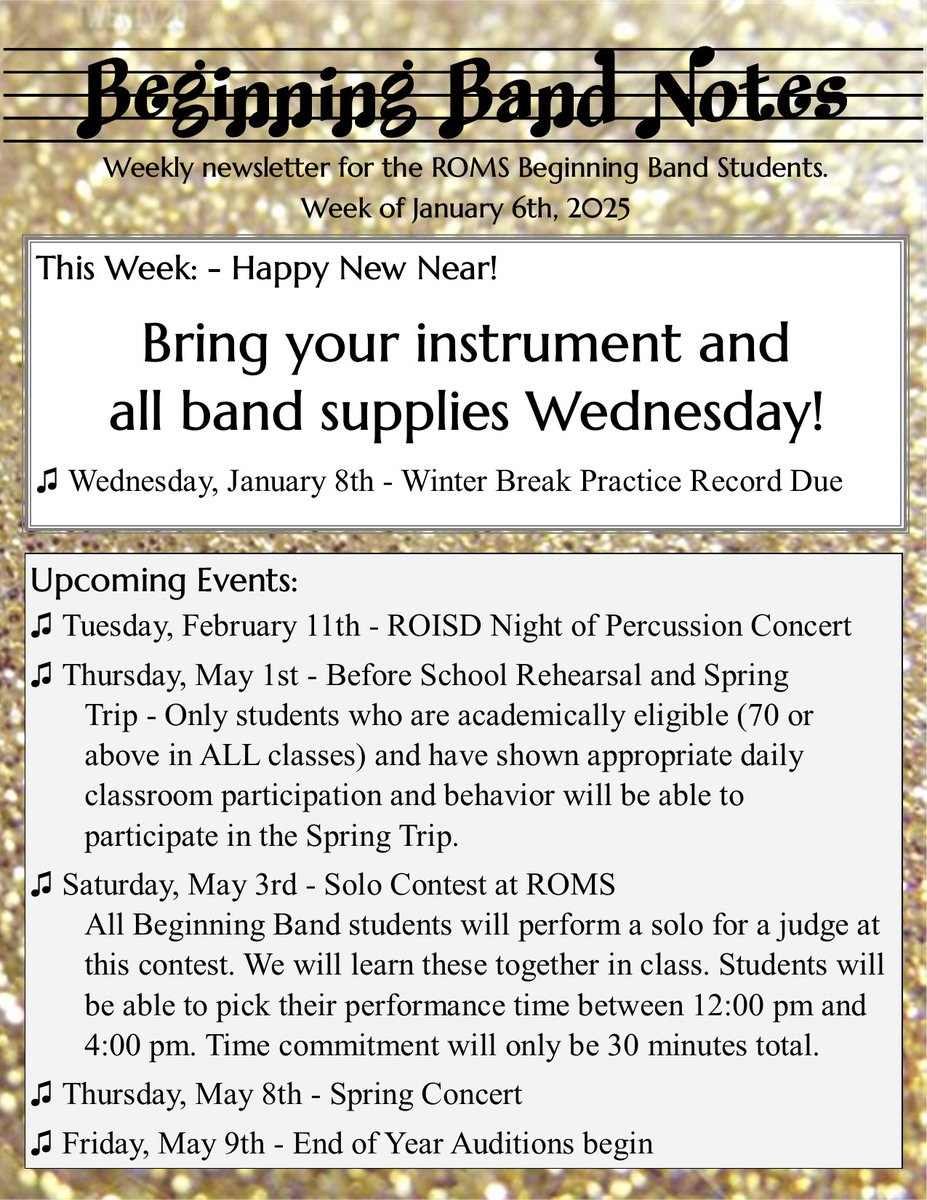 RedOakMSBand's tweet photo. Happy New Year! See below for this week's newsletters. See you Wednesday! https://t.co/64LbEAK09x