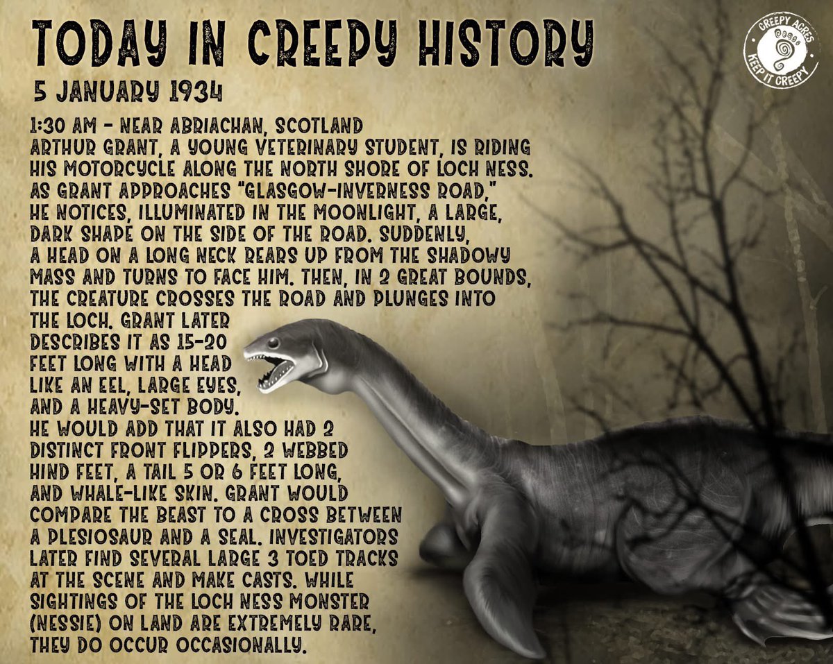 91 YEARS AGO TODAY! While reports of a creature living in Loch Ness go back centuries, the modern era of sightings only goes back to 1933. Soon there would be an explosion in the number of sightings, making Nessie one of the most famous cryptids &amp; enduring legends in the world!