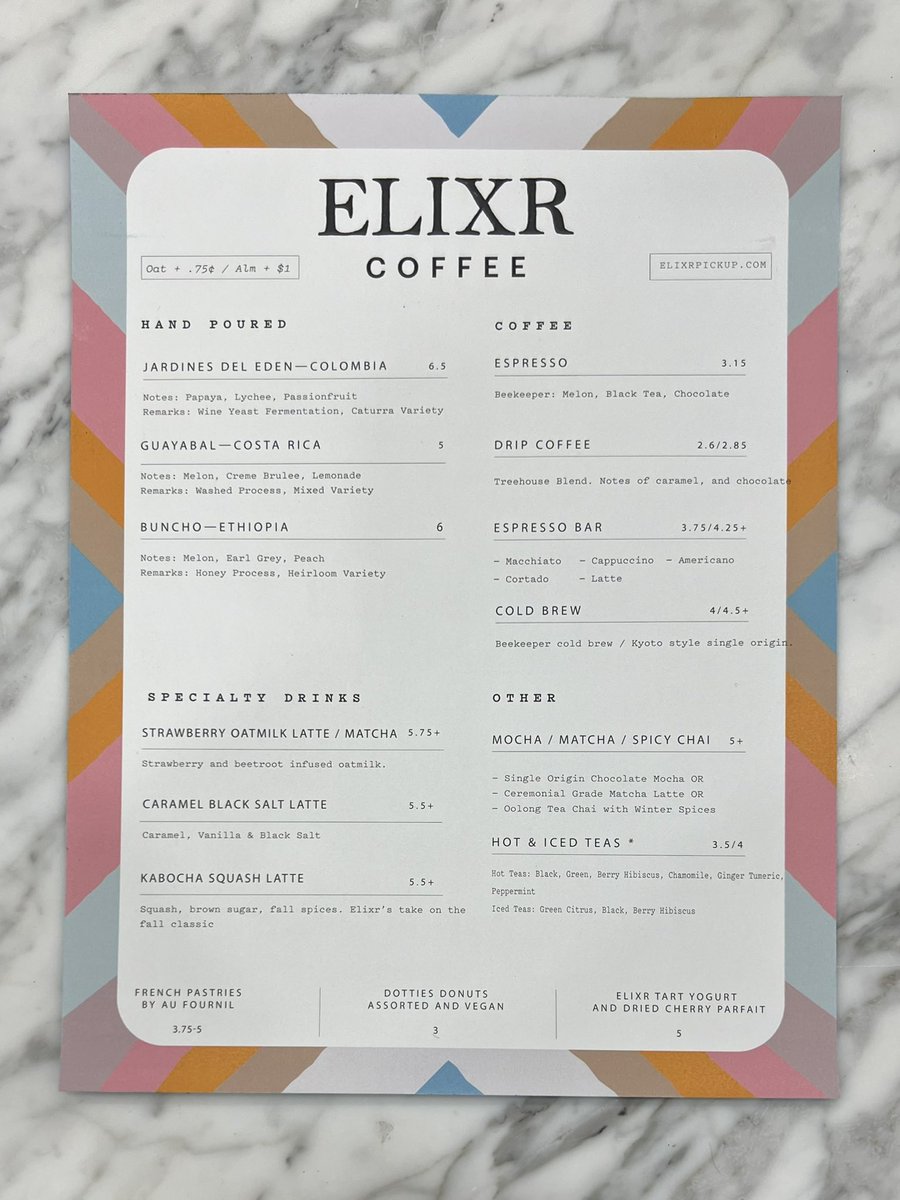 Here’s a menu for anyone planning to go to <a href="/ElixrCoffee/">Elixr Coffee</a> soft opening in Norwood today (8 AM - 3 PM). I recommend the Pour Over (Malawi - not on the menu), Caramel Black Salt Latte, Iced Strawberry Matcha, &amp; Hot Chai Latte. Reminder, all are FREE today!