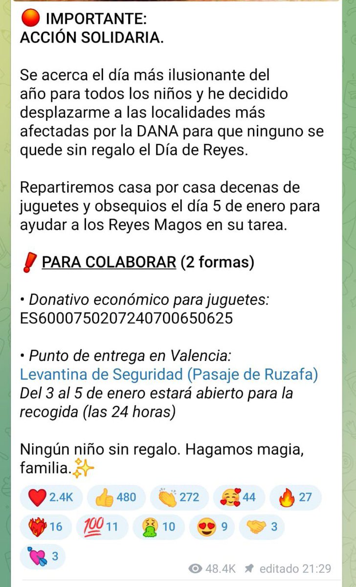 <a href="/vitoquiles/">Vito Quiles 🇪🇸</a> Hola Vito, está muy bien que dones juguetes. Aunque la mayoría lo hace sin darse tanto bombo.

Lo único que sigues sin aclarar es por qué el número de cuenta que compartes para donar dinero para los niños es el mismo que compartes cuando pides dinero para ti.

Felices Reyes.