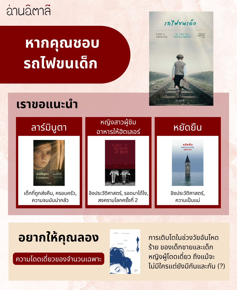 ReadingItaly's tweet image. แนะนำหนังสือจากอ่านอิตาลี

หากคุณชอบรถไฟขนเด็ก (มีทาง Neflix ด้วยนะ) เราขอแนะนำ
- ลาร์มินูตา
- หญิงสาวผู้ชิมอาหารให้ฮิตเลอร์
- หยัดยืน
และเราขอท้าให้คุณลอง
- ความโดดเดี่ยวของจำนวนเฉพาะ

#อ่านอิตาลี #readingitaly #รถไฟขนเด็ก