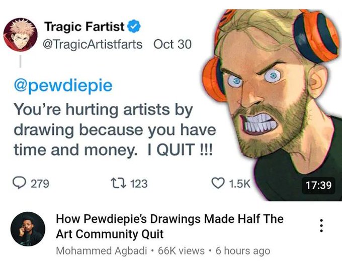 deathink's tweet photo. if pewdiepie drawing everyday for a year and getting a little bit better made you quit art, then you were never going to make it as an artist anyway. https://t.co/PugByvv14g