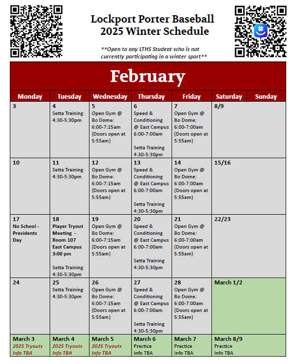 PorterBaseball's tweet photo. π¨ποΈ Winter Calendar ποΈπ¨
Attention prospective Porter Baseball players for the upcoming spring season! Please see our winter calendar for the remainder of the offseason. #PORTERPOWER https://t.co/Pog9Bjtby6