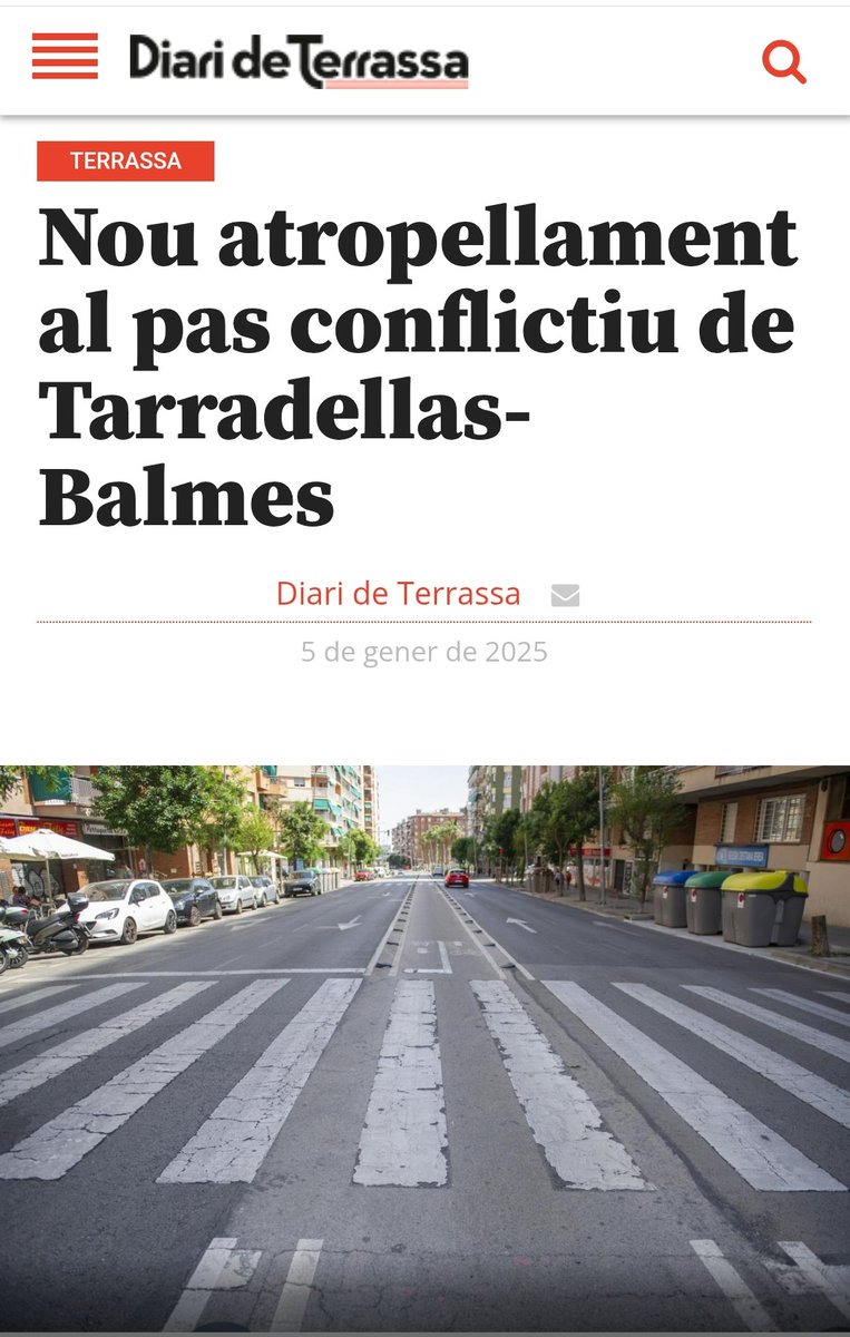 En junio un joven es atropellado en este paso de peatones y muere. Se produce una gran protesta cuidadana para exigir al <a href="/ajterrassa/">Ajuntament de Terrassa</a> la instalación de un semáforo. Ayer nuevo atropello, una mujer de 60 años. ¿Es posible tanta ineptitud municipal para instalar un semáforo? 👇