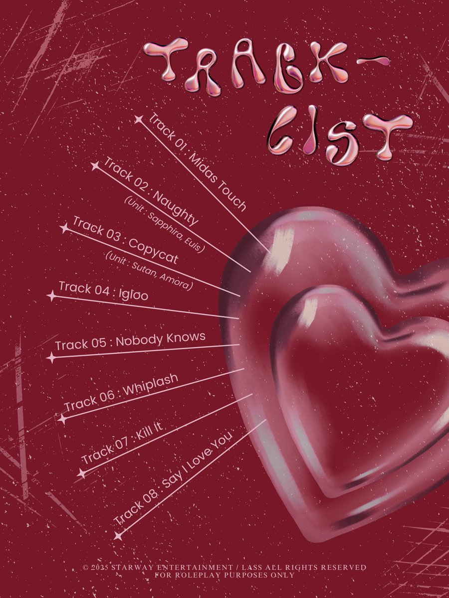 STARWAY_Ent's tweet image. ㅤ
STARWAY ENTERTAINMENT

𝘓𝘈𝘚𝘚 
1ST MINI ALBUM: 𝐋𝐨𝐯𝐞𝐬𝐭𝐫𝐮𝐜𝐤
↬ TRACKLIST 

17.01.25ㅤ
ㅤ